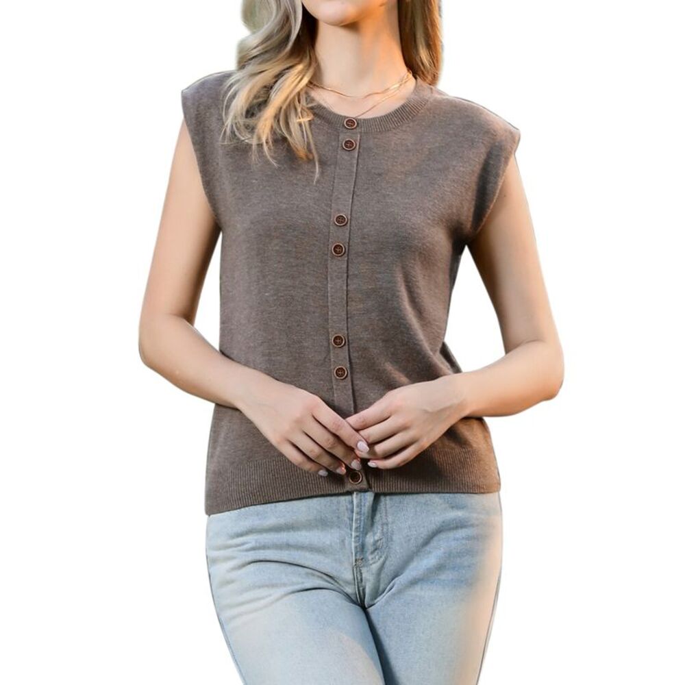 Women Crew Neck Casual Knit Pullover Tank Sweater Vest Top Coffee